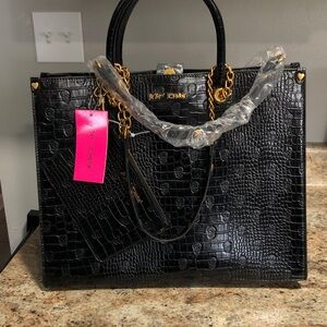 Betsey Johnson Black Croc-Embossed Tote with Gold Chain Accents